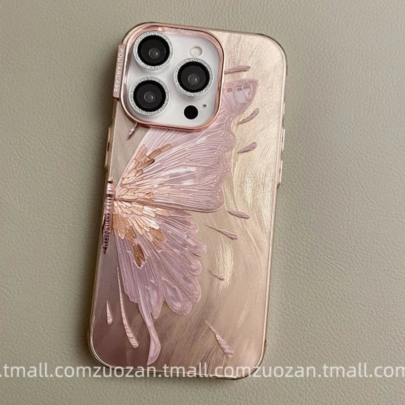 Luxury Pink Butterfly Laser Glitter Phone Case For iPhone 11 12 13 14 15 16 Pro Max 14 Plus Fashion Hard Shockproof Bumper Cover