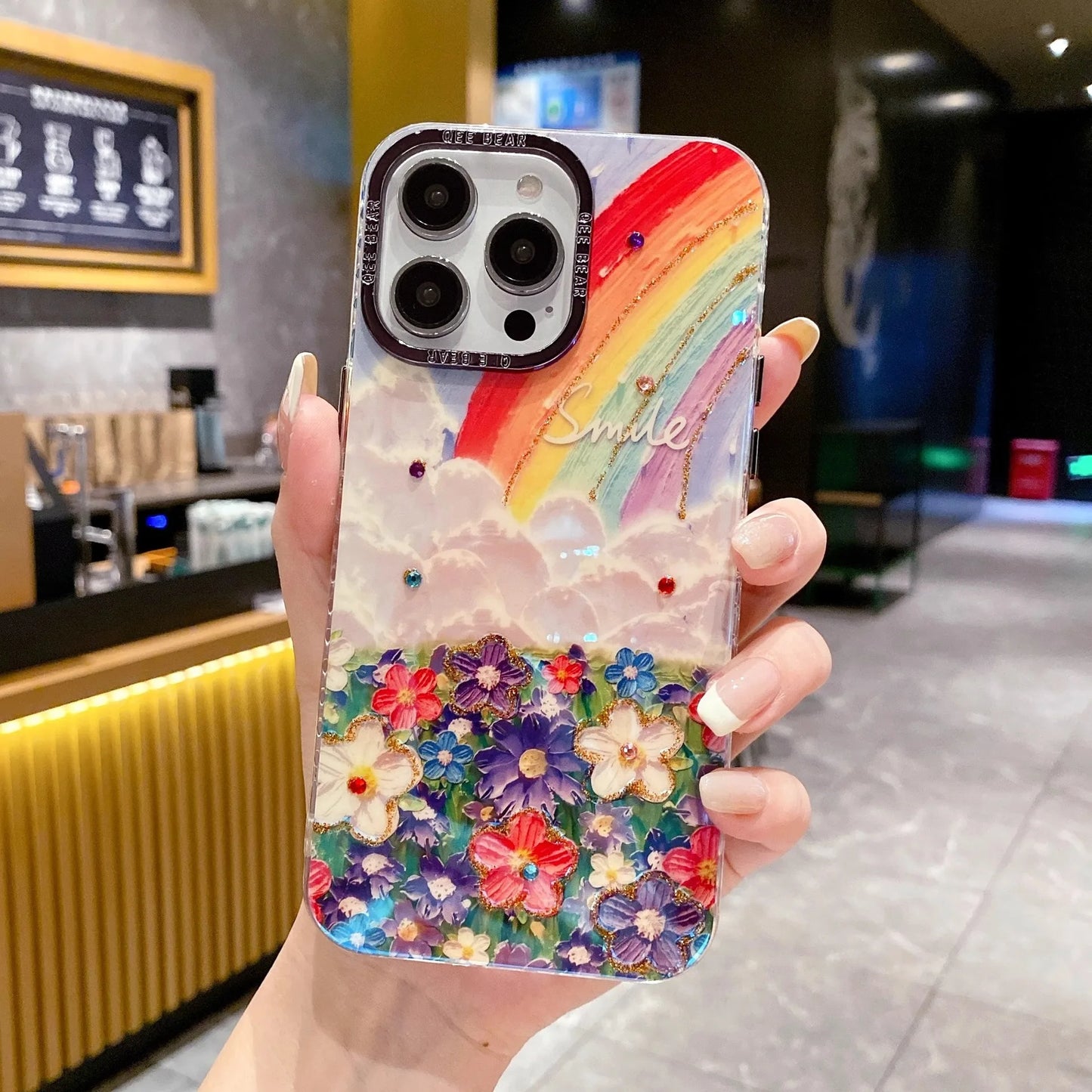 Diamond Rainbow Flower Phone Case for iPhone 15 14 13 12 11 Pro Max Bracelet Anti-drop Hard Cover