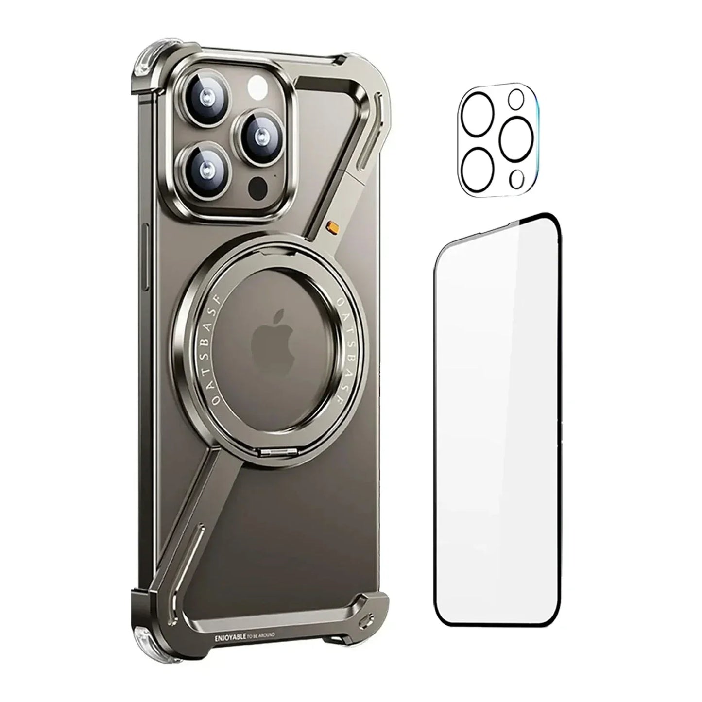 3 Piece Set Metal Frameless Bumper Z Shape MagSafe Case for iPhone 360° Rotation Kickstand & 120° Fliping Screen Lens Protection