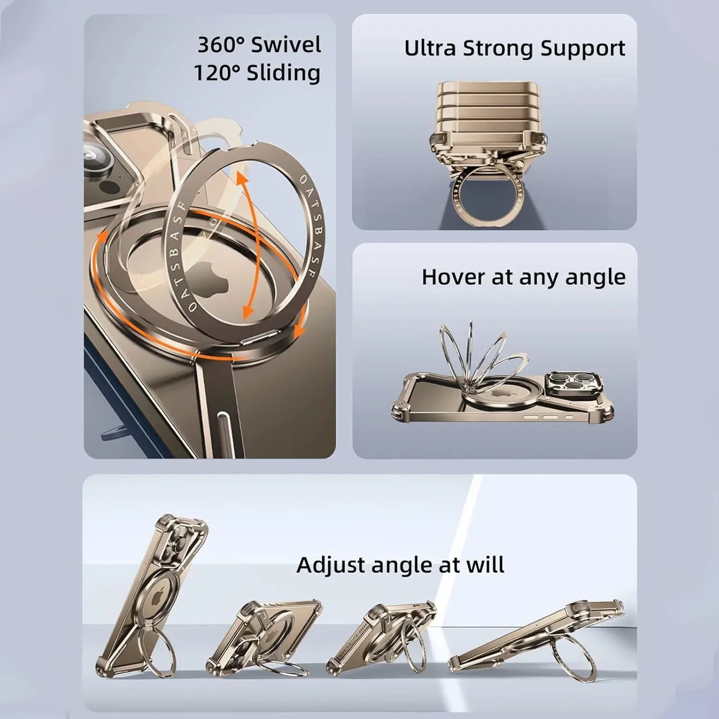 3 Piece Set Metal Frameless Bumper Z Shape MagSafe Case for iPhone 360° Rotation Kickstand & 120° Fliping Screen Lens Protection