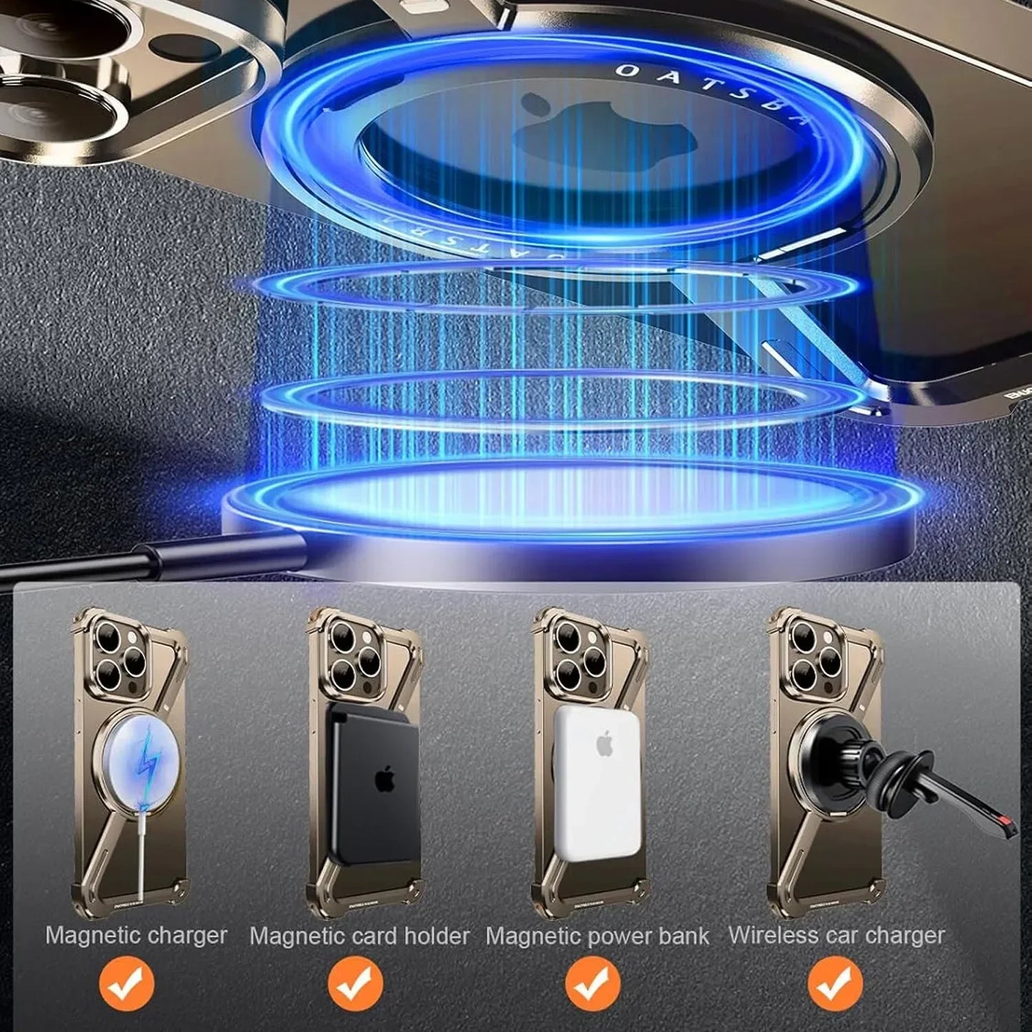 3 Piece Set Metal Frameless Bumper Z Shape MagSafe Case for iPhone 360° Rotation Kickstand & 120° Fliping Screen Lens Protection