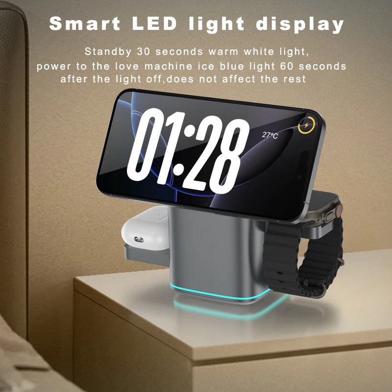 3 in 1 Wireless Charger Stand Magnetic 15W Fast Charging for iPhone 12 13 14 15 16 Apple Watch 9 8 7 6 5 Airpods 2 3 Pro