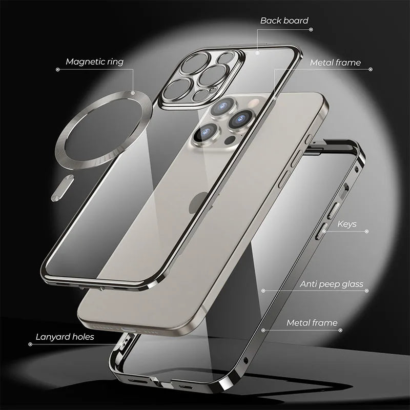 Aluminum Alloy Frame Protective Case ,For iPhone 15 14 Pro Max Magnetic Galaxy Wireless Charging HD Full Screen Protective Box