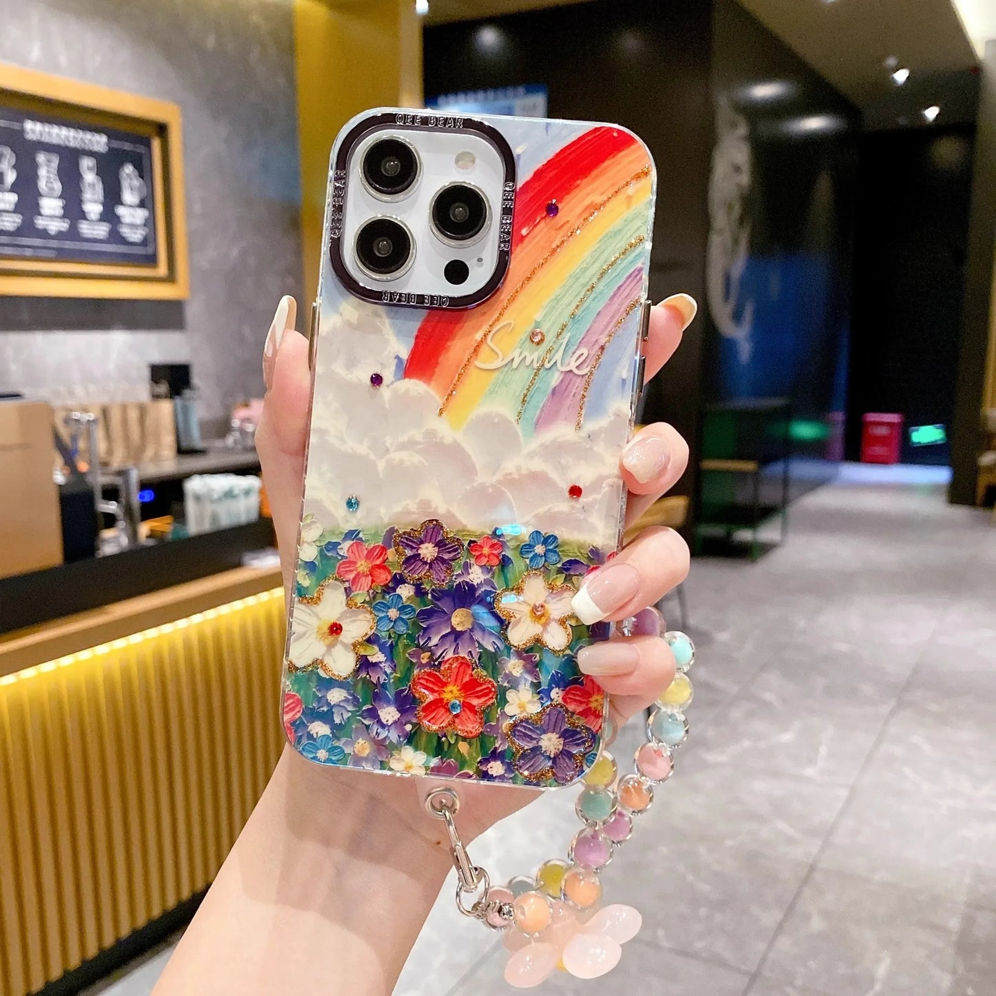 Diamond Rainbow Flower Phone Case for iPhone 15 14 13 12 11 Pro Max Bracelet Anti-drop Hard Cover