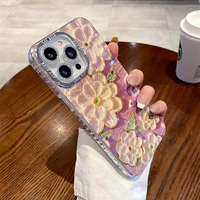 Luxury Blue Light Drill Flower Design Suitable For iPhone 15 Pro Max Case 14 Glitter Film 13 Pro Korean Style