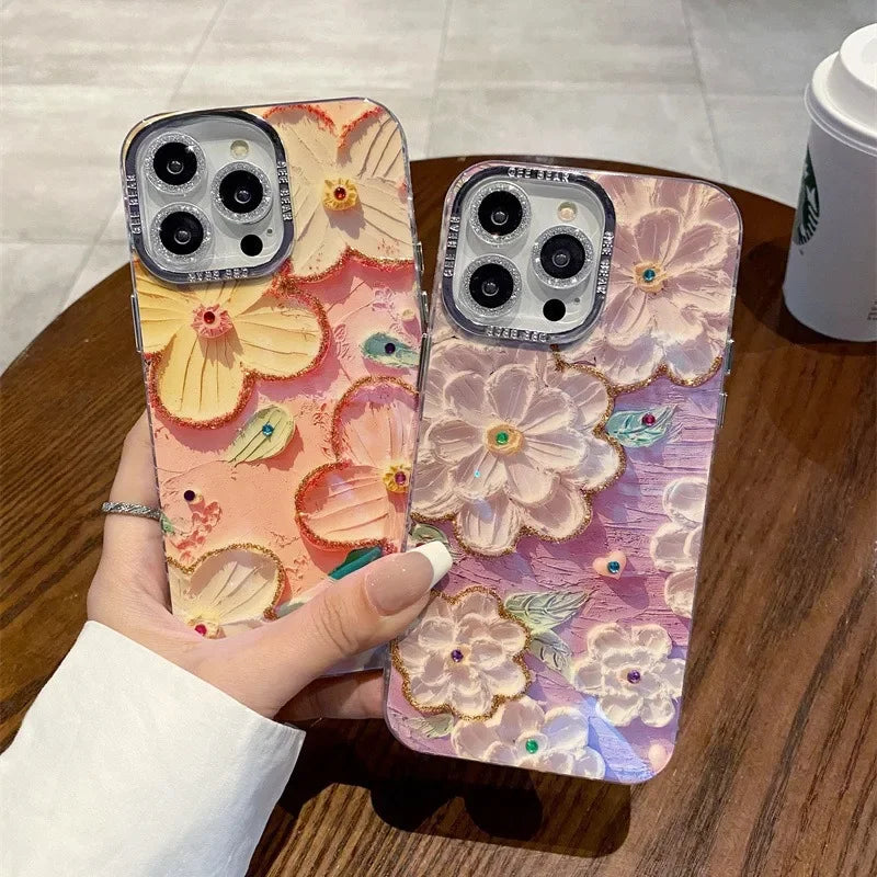 Luxury Blue Light Drill Flower Design Suitable For iPhone 15 Pro Max Case 14 Glitter Film 13 Pro Korean Style