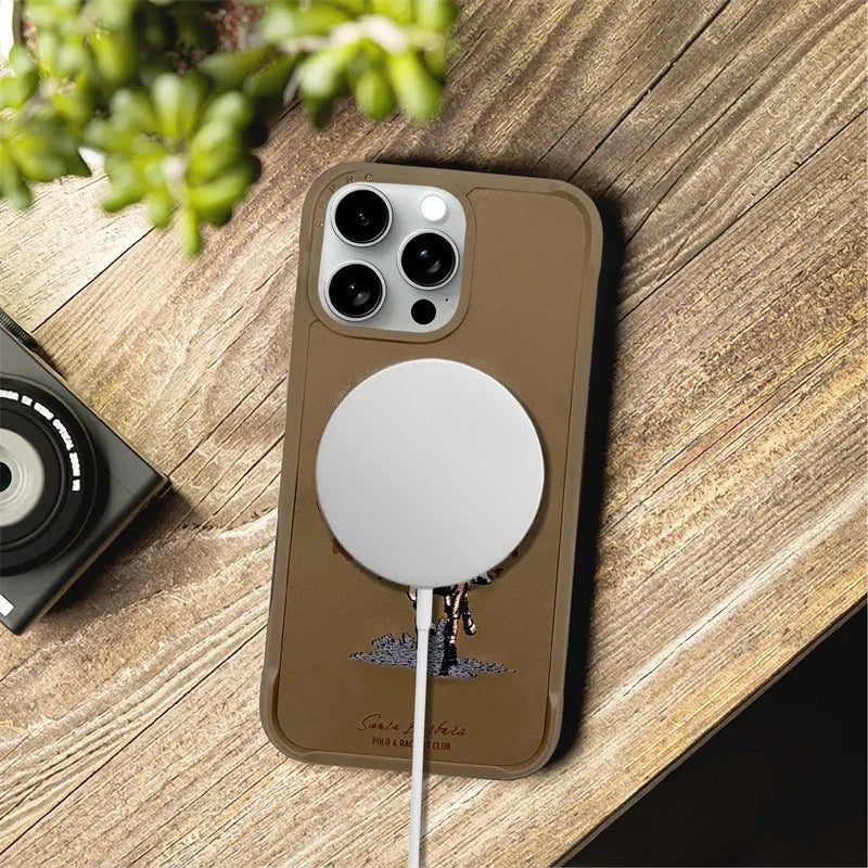 3D Embroidered Leather Case For iPhone 16 Pro Max Magnetic Protective Cover For iPhone 16 Pro Brown Grey Aubrey Horse Case