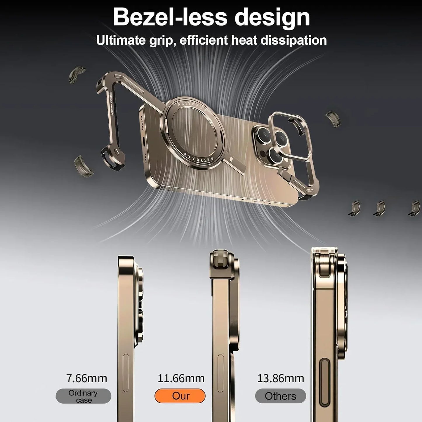 3 Piece Set Metal Frameless Bumper Z Shape MagSafe Case for iPhone 360° Rotation Kickstand & 120° Fliping Screen Lens Protection