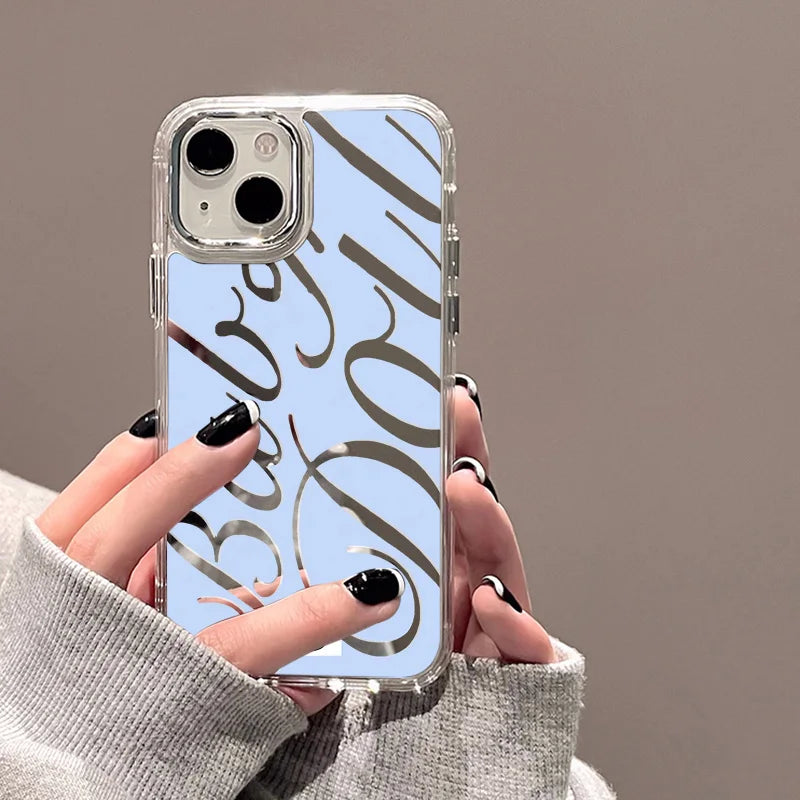 Blue/Silver Mirror iPhone Case – Clear Frame with English Text – PhonelyHub