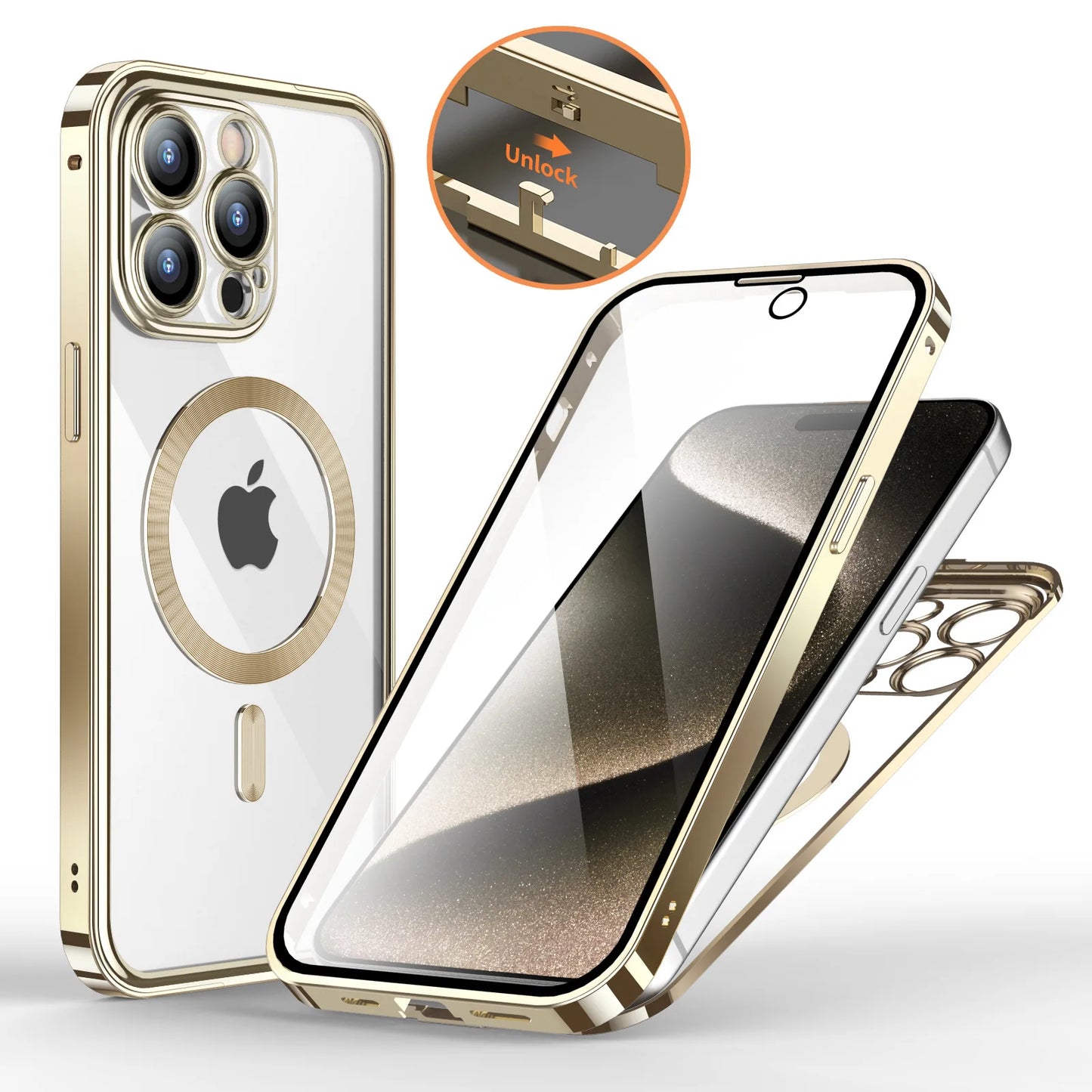 Aluminum Alloy Frame Protective Case ,For iPhone 15 14 Pro Max Magnetic Galaxy Wireless Charging HD Full Screen Protective Box