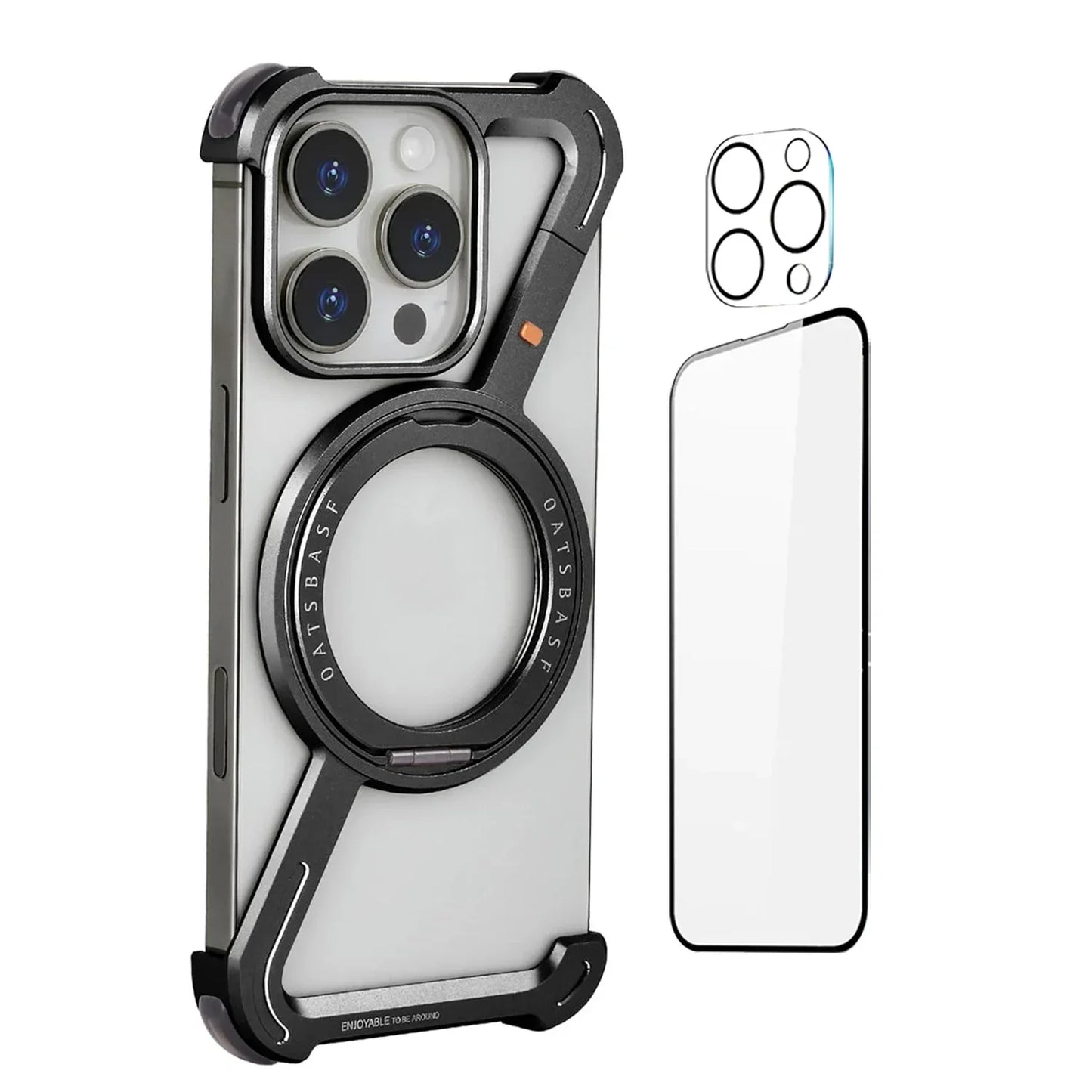 3 Piece Set Metal Frameless Bumper Z Shape MagSafe Case for iPhone 360° Rotation Kickstand & 120° Fliping Screen Lens Protection
