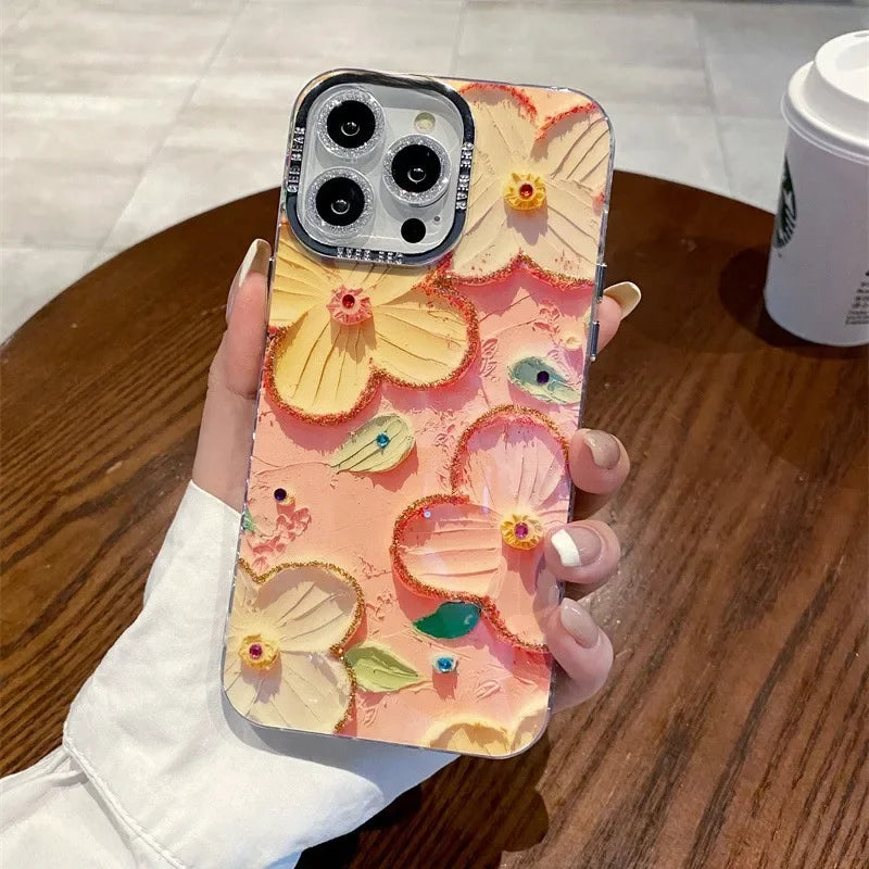 Luxury Blue Light Drill Flower Design Suitable For iPhone 15 Pro Max Case 14 Glitter Film 13 Pro Korean Style