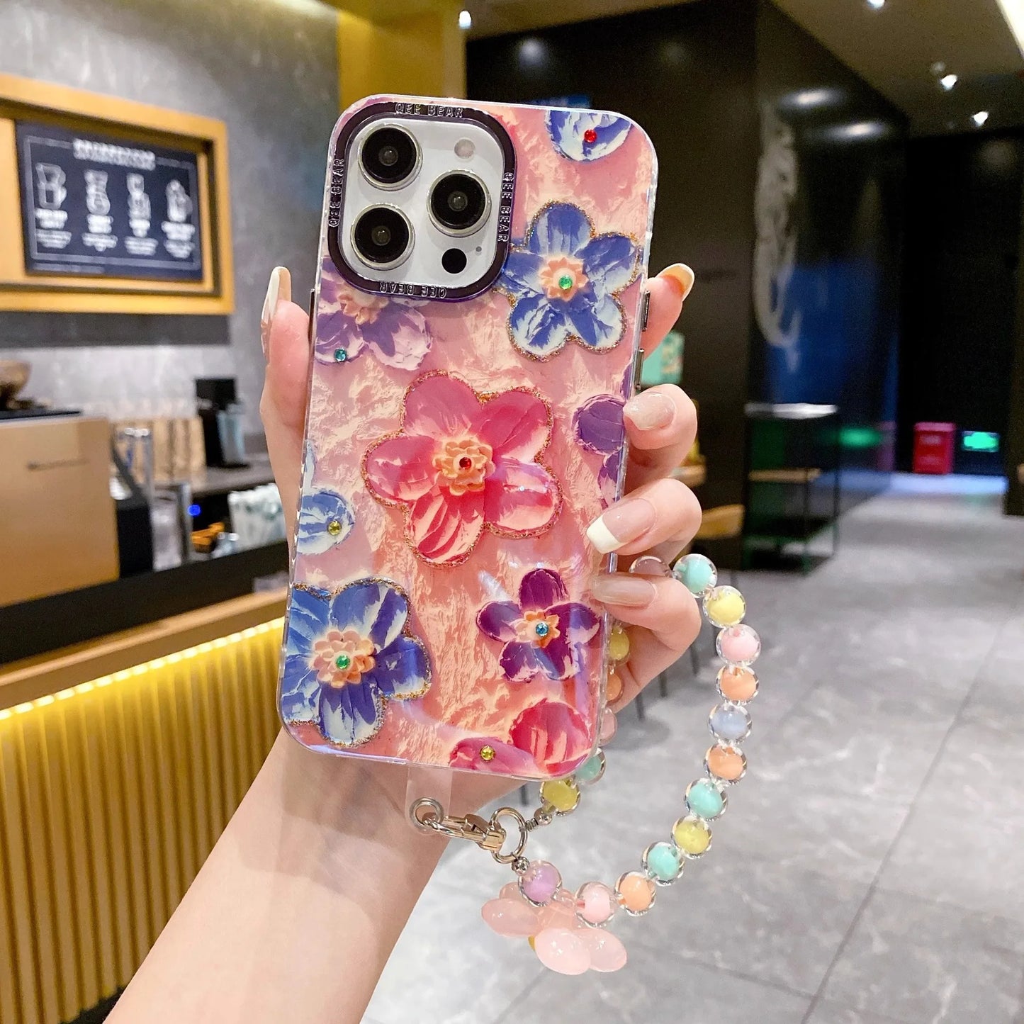 Diamond Rainbow Flower Phone Case for iPhone 15 14 13 12 11 Pro Max Bracelet Anti-drop Hard Cover