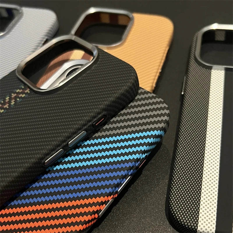 Ultra-Thin Carbon Fiber Texture MagSafe Phone Case For iPhone 16 15 14 13 12 Pro Max Wireless Charging Alloy Lens Hard PC Cover