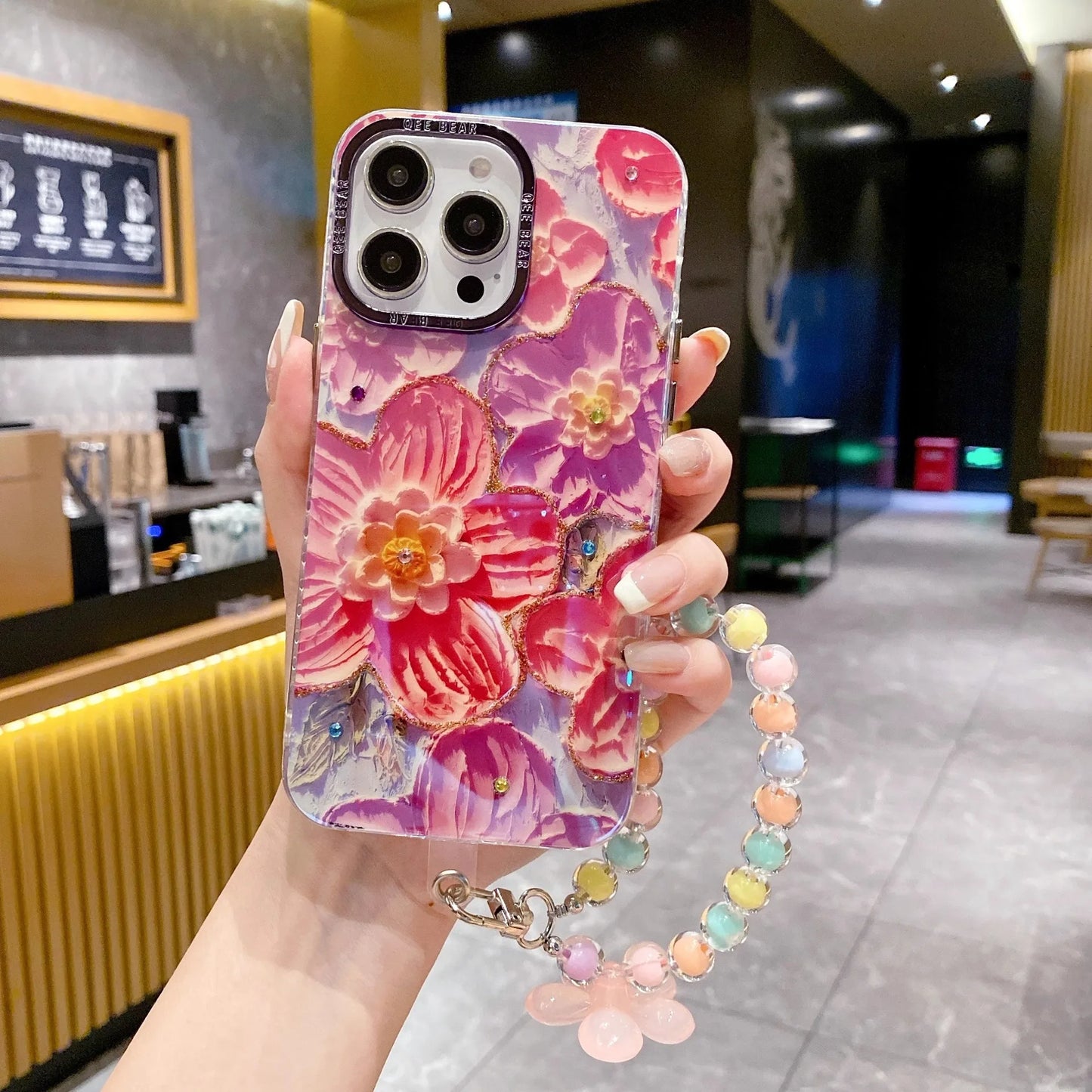 Diamond Rainbow Flower Phone Case for iPhone 15 14 13 12 11 Pro Max Bracelet Anti-drop Hard Cover