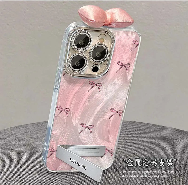 Nice Pink Bowknot Stand Holder Bracelet Lens Protection Film TPU Mobile Phone Cover Case for Honor 200 100 90 80 70 60 50 Pro