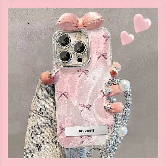 Nice Pink Bowknot Stand Holder Bracelet Lens Protection Film TPU Mobile Phone Cover Case for Honor 200 100 90 80 70 60 50 Pro