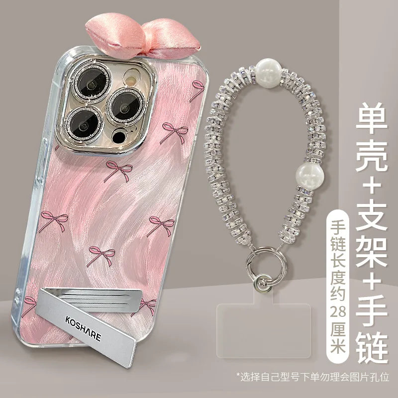 Nice Pink Bowknot Stand Holder Bracelet Lens Protection Film TPU Mobile Phone Cover Case for Honor 200 100 90 80 70 60 50 Pro