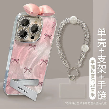 Nice Pink Bowknot Stand Holder Bracelet Lens Protection Film TPU Mobile Phone Cover Case for Honor 200 100 90 80 70 60 50 Pro