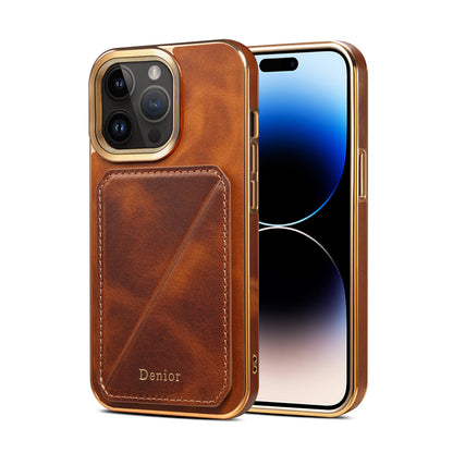 Cowhide Leather Card Holder Phone Case For iPhone 16 15 14 13 12 Pro Max 16Plus Magnetic Wallet Plating Shell Shockproof Cover