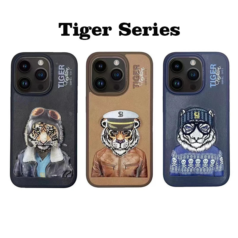 3D Embroidered Cute Dog Wolf Tiger Leopard Leather Phone Case For iPhone 15 Pro Max Protective Cover For iPhone 15 Pro 15 Plus
