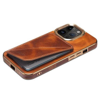 Cowhide Leather Card Holder Phone Case For iPhone 16 15 14 13 12 Pro Max 16Plus Magnetic Wallet Plating Shell Shockproof Cover