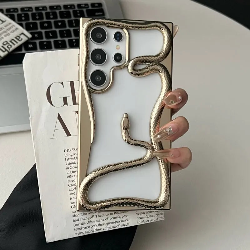 Luxury Plating 3D Hollow Out Snake Case for Samsung Galaxy S25 S24 S23FE S22 Ultra A15 A16 A55 A56 A36 A26 Soft Shockproof Cover