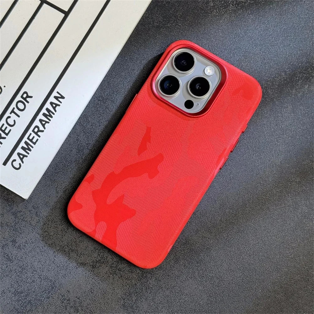 Luxury Camouflage Leather Shockproof Armor Magnetic Case For iPhone 16 Pro 15 14 13 12 Pro Max MagSafe Wireless Charge Cover