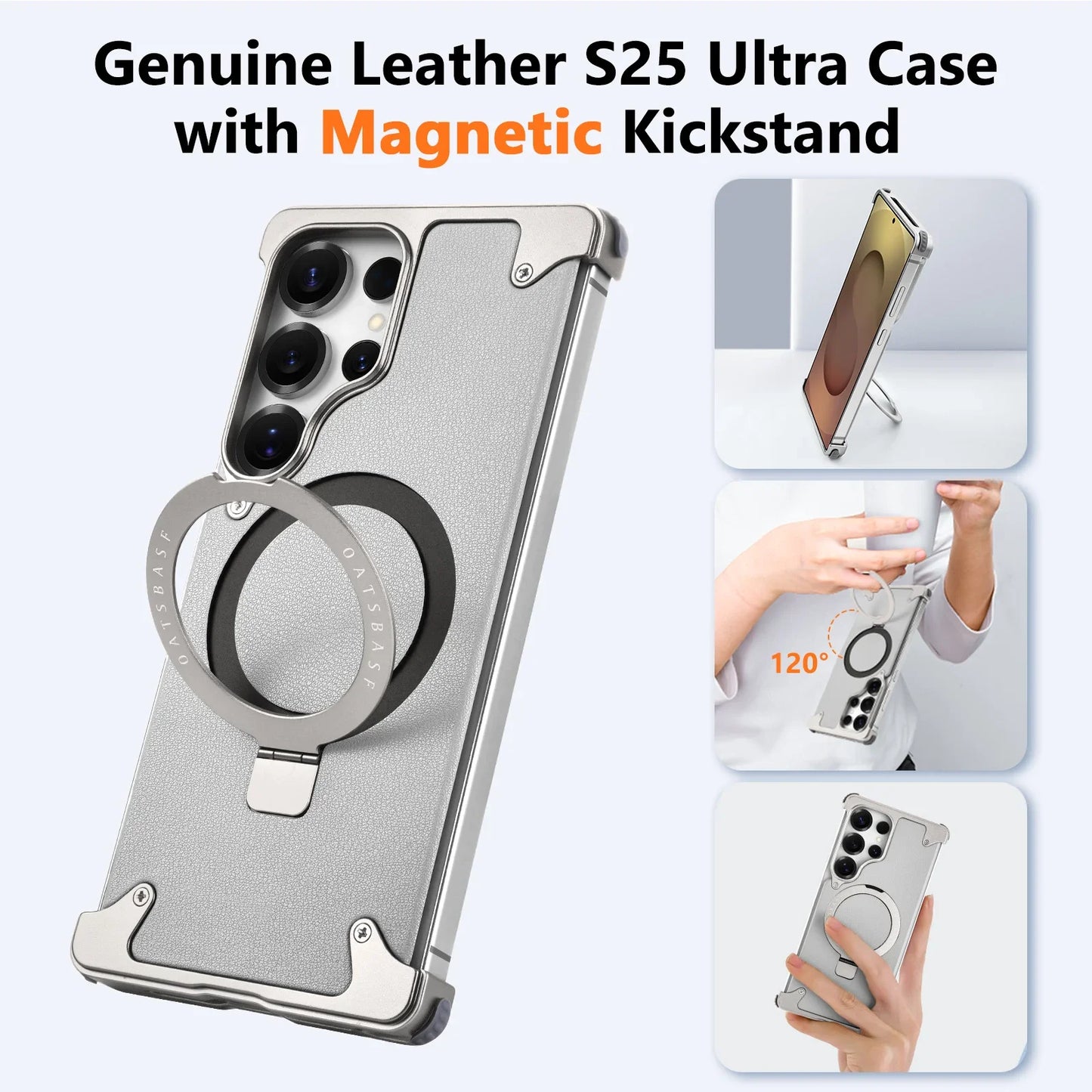 Oatsbasf Magnetic Frameless Phone Case for Samsung Galaxy S25 Ultra with Stand Adjustable Genuine Leather Shockproof Phone Cover