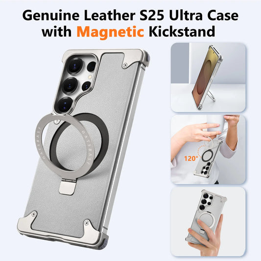 Oatsbasf Magnetic Frameless Phone Case for Samsung Galaxy S25 Ultra with Stand Adjustable Genuine Leather Shockproof Phone Cover
