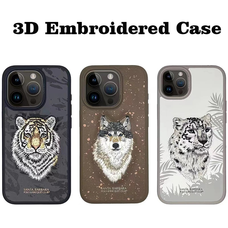 3D Embroidered Cute Dog Wolf Tiger Leopard Leather Phone Case For iPhone 15 Pro Max Protective Cover For iPhone 15 Pro 15 Plus