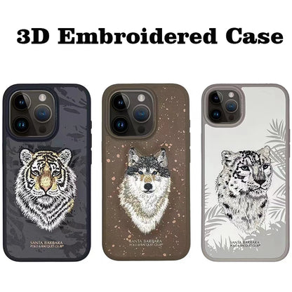 3D Embroidered Cute Dog Wolf Tiger Leopard Leather Phone Case For iPhone 15 Pro Max Protective Cover For iPhone 15 Pro 15 Plus