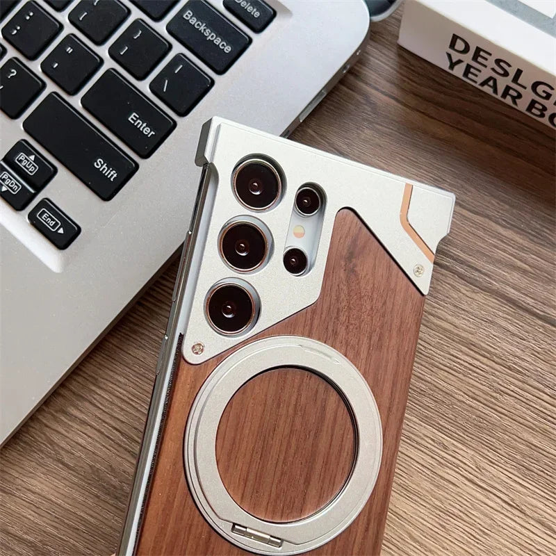 Samsung S22-S25 Ultra Walnut Wood Case - Magnetic 360° Rotating Cover | PhonelyHub