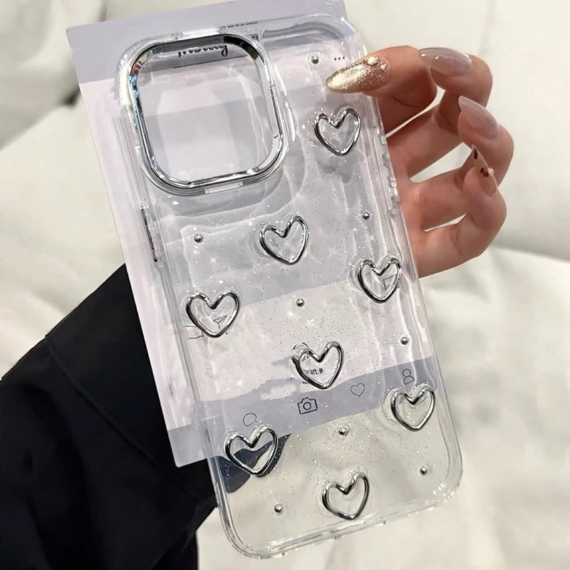 Korea Glitter 3D Silver Love Heart Phone Case For iPhone 16 15 14 13 12 11 Pro Max 7 8 Plus X XS Epoxy Shell Girl Clear Cover