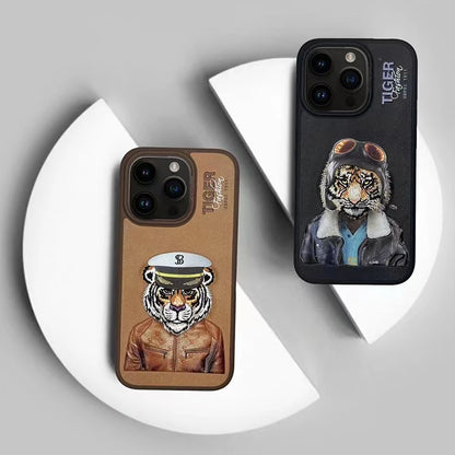 3D Embroidered Cute Dog Wolf Tiger Leopard Leather Phone Case For iPhone 15 Pro Max Protective Cover For iPhone 15 Pro 15 Plus