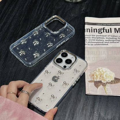 Luxury Clear Bling Glitter Bow Phone Case For iPhone 16 15 14 13 12 11 Pro Max Plus Transparent Silicone Shockproof Bumper Cover