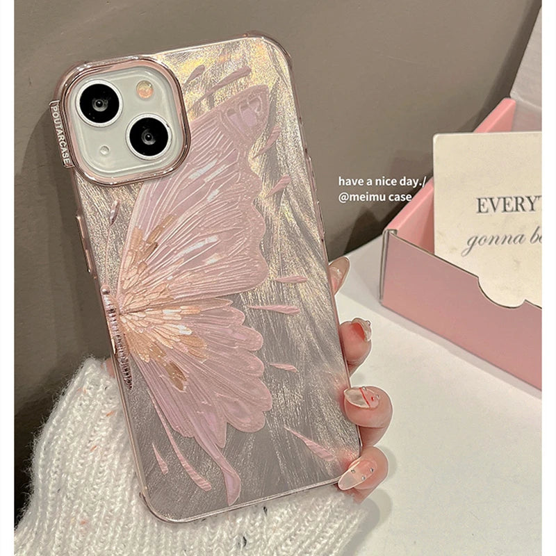 Luxury Pink Butterfly Laser Glitter Phone Case For iPhone 11 12 13 14 15 16 Pro Max 14 Plus Fashion Hard Shockproof Bumper Cover