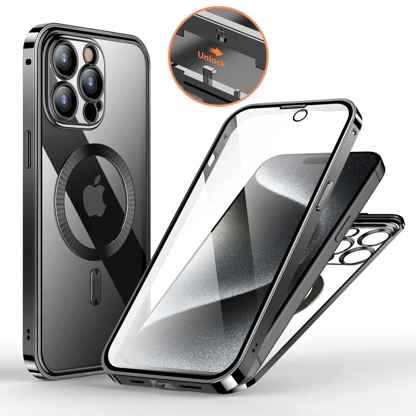 Aluminum Alloy Frame Protective Case ,For iPhone 15 14 Pro Max Magnetic Galaxy Wireless Charging HD Full Screen Protective Box