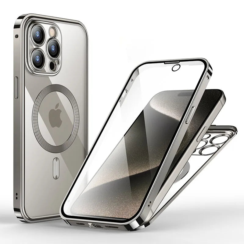 Aluminum Alloy Frame Protective Case ,For iPhone 15 14 Pro Max Magnetic Galaxy Wireless Charging HD Full Screen Protective Box
