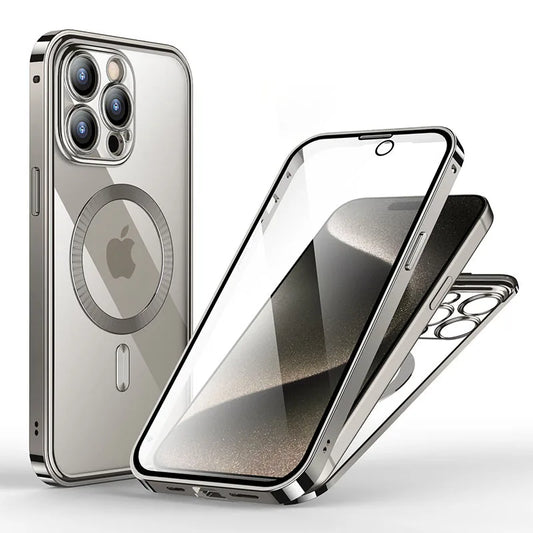 Aluminum Alloy Frame Protective Case ,For iPhone 15 14 Pro Max Magnetic Galaxy Wireless Charging HD Full Screen Protective Box