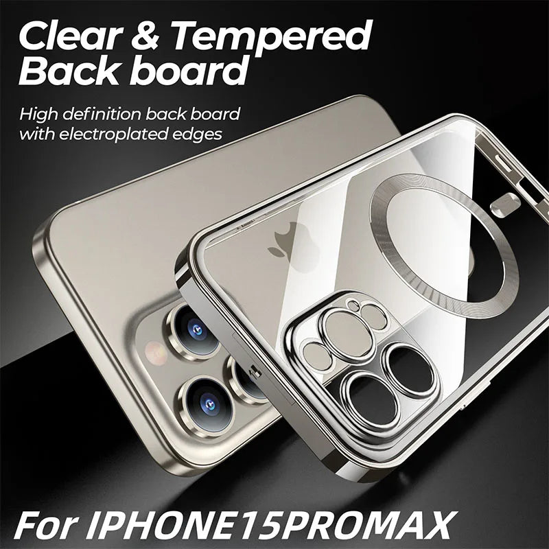Aluminum Alloy Frame Protective Case ,For iPhone 15 14 Pro Max Magnetic Galaxy Wireless Charging HD Full Screen Protective Box