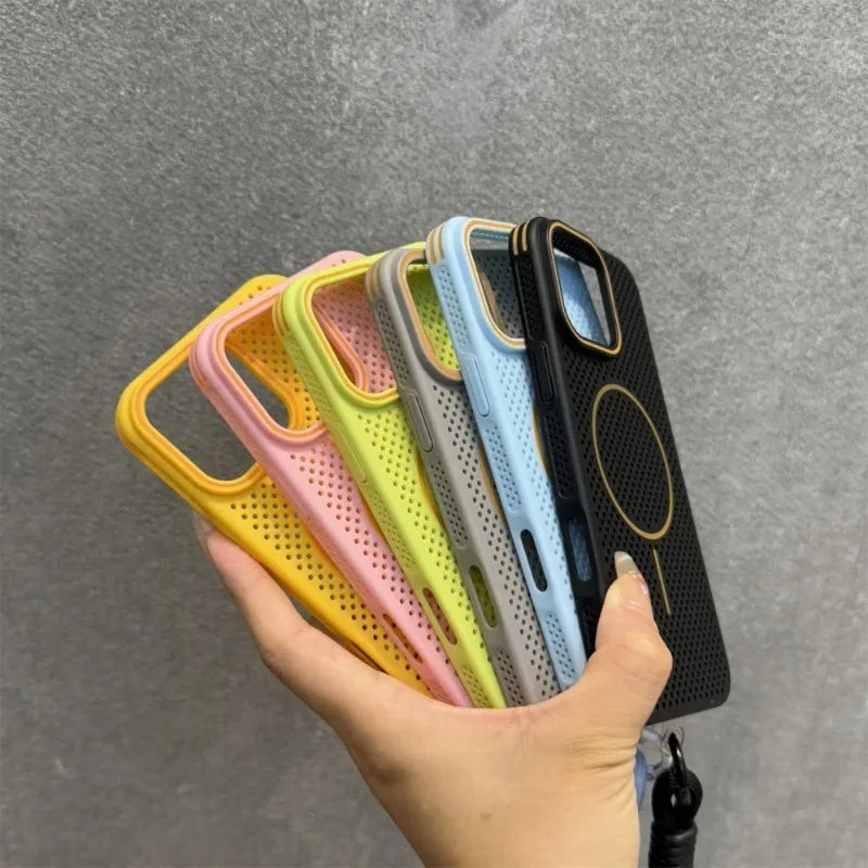 Breathable Heat Dissipation Mesh For Magsafe Magnetic Case For iPhone 16 14 15 Plus 13 12 Pro Max Wrist Strap Hand Lanyard Cover