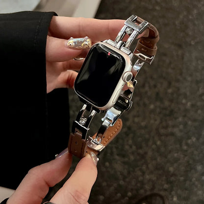 Luxury Slippable Diamonds Leather Band For Apple Watch Strap 10 8 9 SE 7 Ultra Women Wrist Bracelet For iWatch 45 42 46 49 41