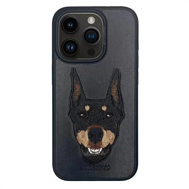 3D Embroidered Cute Dog Wolf Tiger Leopard Leather Phone Case For iPhone 15 Pro Max Protective Cover For iPhone 15 Pro 15 Plus