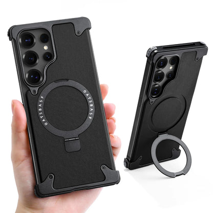 Oatsbasf Magnetic Frameless Phone Case for Samsung Galaxy S25 Ultra with Stand Adjustable Genuine Leather Shockproof Phone Cover