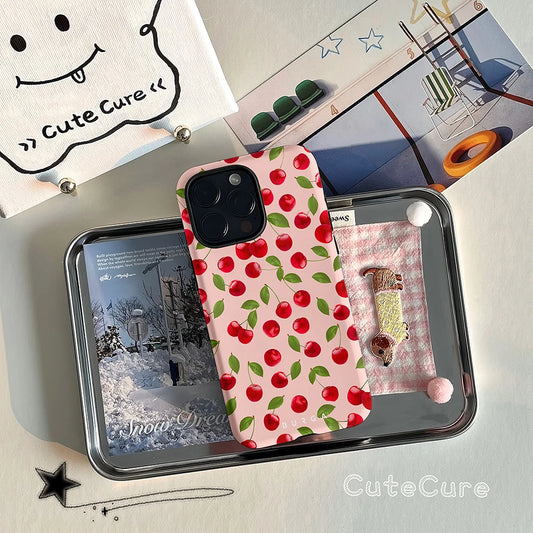 Full Screen Cherry Phone Case for iPhone 16 15 14 13 12 11 X XS XR XSMAX 7 8 Pro Max Plus Luxury BURGA Double-layer Back Cover