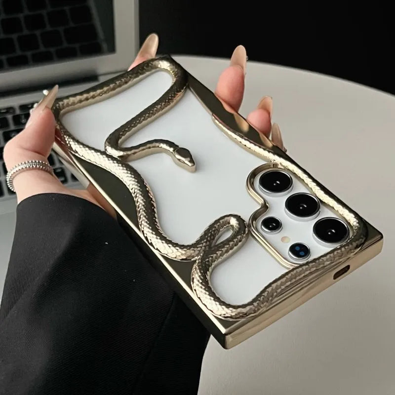 Luxury Plating 3D Hollow Out Snake Case for Samsung Galaxy S25 S24 S23FE S22 Ultra A15 A16 A55 A56 A36 A26 Soft Shockproof Cover