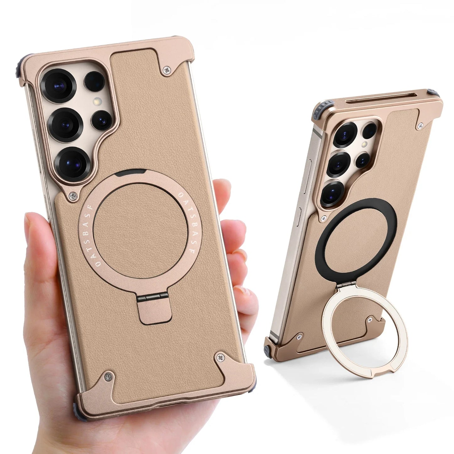 Oatsbasf Magnetic Frameless Phone Case for Samsung Galaxy S25 Ultra with Stand Adjustable Genuine Leather Shockproof Phone Cover