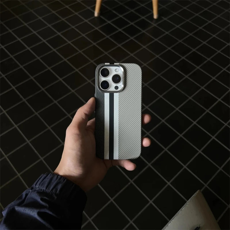 Ultra-Thin Carbon Fiber Texture MagSafe Phone Case For iPhone 16 15 14 13 12 Pro Max Wireless Charging Alloy Lens Hard PC Cover