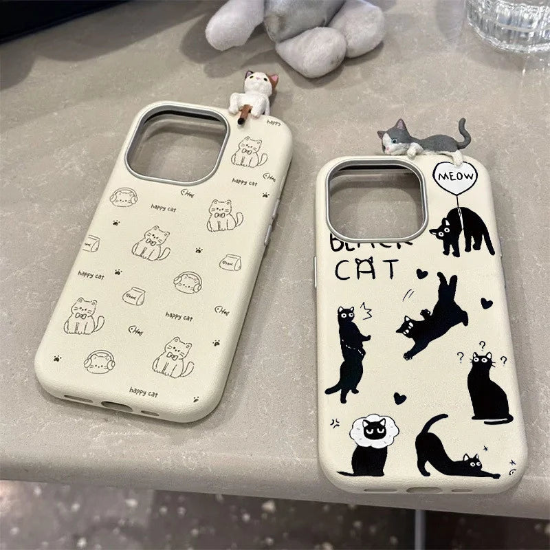 Funny Black Kitten 3D Doll Case Compatible for IPhone 15 11 16 12 14 13 Pro Max 15 16 Plus XR X XS Max Leather Texture Case ﻿
